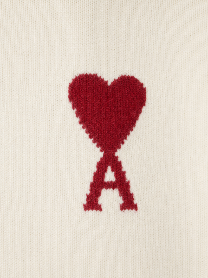 AMI Paris Natural Crewneck Wool Sweater with Ami de Coeur | Off White / Red