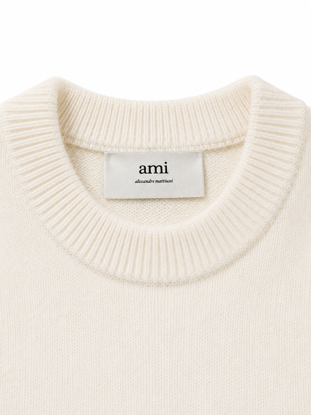 AMI Paris Natural Crewneck Wool Sweater with Ami de Coeur | Off White / Red