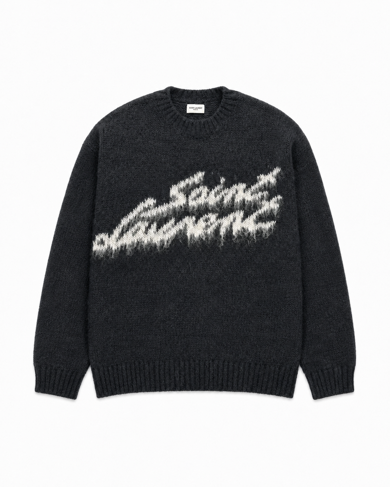 Saint Laurent Script Logo Mohair Sweater | Black / White