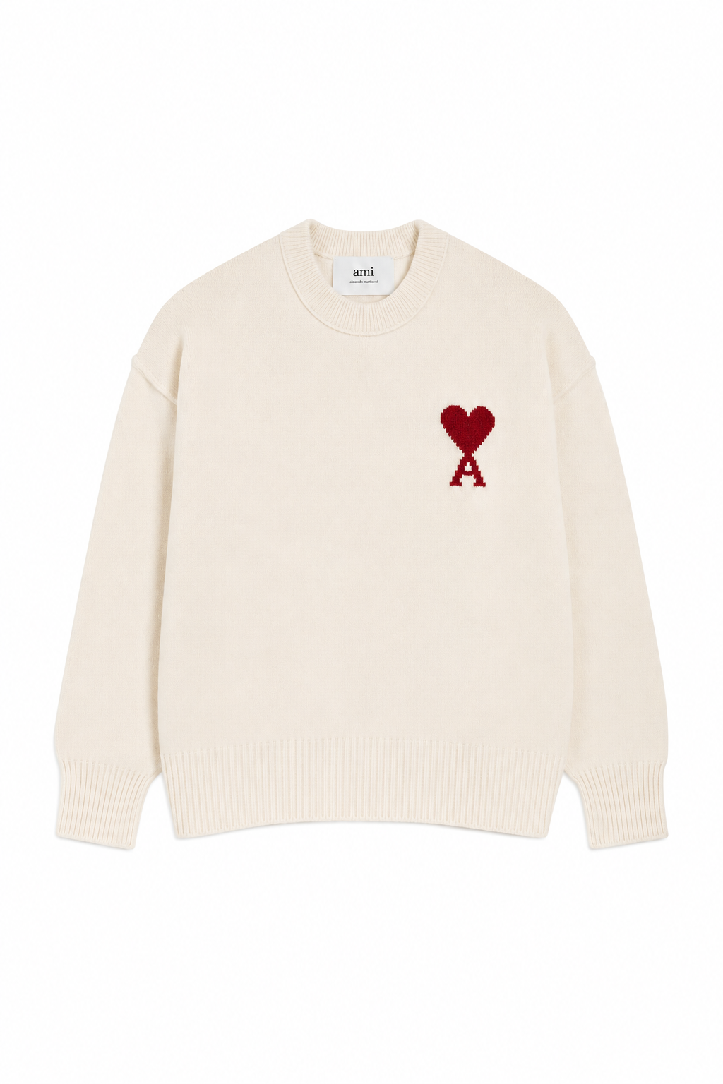 AMI Paris Natural Crewneck Wool Sweater with Ami de Coeur | Off White / Red